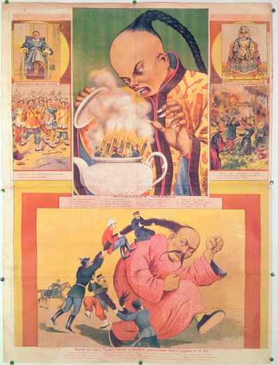 Cartaz russo em quadrinhos satirizando os europeus na China, impresso em Moscou, Rússia, 1900 de Russian School