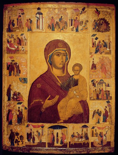Ícone representando a Virgem e a Criança (têmpera e folha de ouro no painel) de Russian School