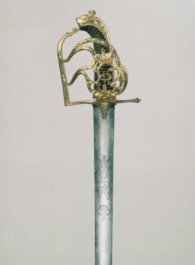 Espada de ofícios do oficial gravado com uma águia de duas cabeças com a figura de St. George sob a coroa imperial, punho decorado com o monograma de Catherine II 1729-96), Rússia, século XVIII (aço, bron de Russian School