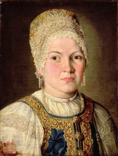Retrato de uma mulher em traje russo, 1769 de Russian School