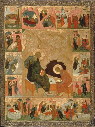 São João Evangelista e seu Escriba, c.1500 (têmpera sobre madeira) de Russian School