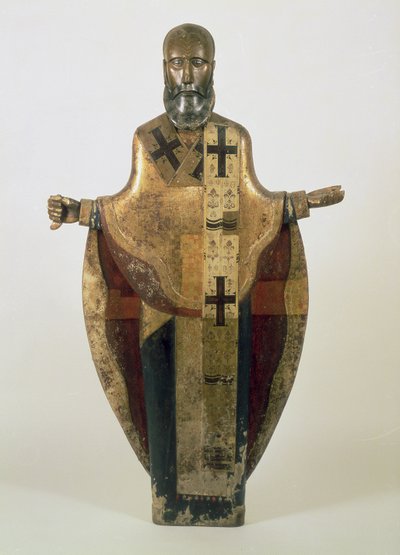 Estátua, de, st. Nicholas, de, Mozhaisk, russo, tarde, 16º século, (wood, ornamented, brocado, gesso, tempera) de Russian School