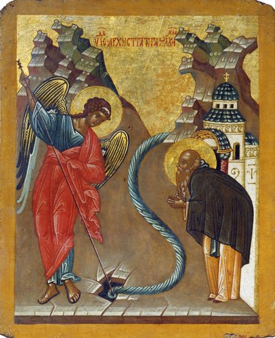 O Milagre do Arcanjo Miguel em Chonae, final do século XV. de Russian icon.