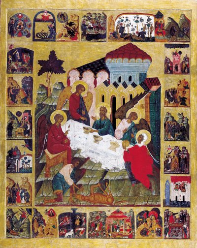 A Trindade do Antigo Testamento com cenas de Gênesis, c1580. de Russian icon.