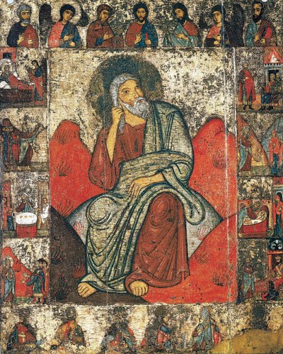 O profeta Elias no deserto com cenas de sua vida e Deesis, 13- primeiro terço de 14 de Russian icon.