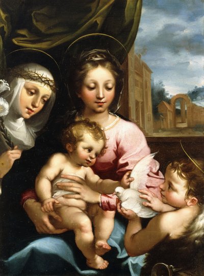 A Madona e o Menino com o Menino São João Batista e Santa Catarina de Siena, c.1597-1612 de Rutilio Manetti