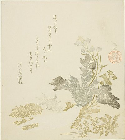 Um rabanete gigante (daikon), crisântemos e samambaias de Ryuryukyo Shinsai