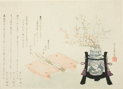 Flores de ameixa vermelhas e brancas com poema Slip de Ryuryukyo Shinsai