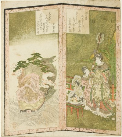 Seiobo (Rainha Mãe do Oeste) e tartaruga, de um hexáptico sem título representando um par de biombos de Ryuryukyo Shinsai