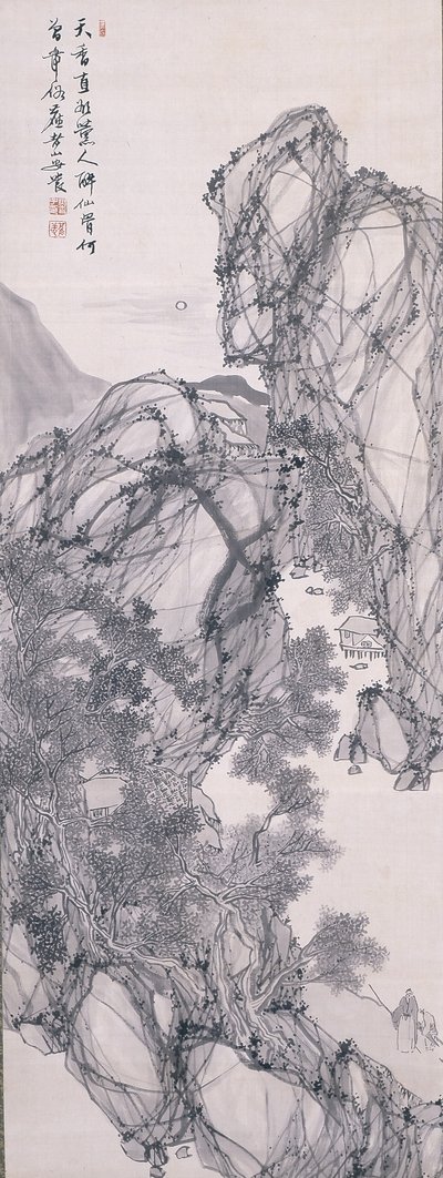 Paisagem iluminada pelo luar com Scholar And Servant (tinta sobre seda) de Rôzan Yasuda