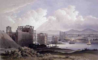Ponte Tubular Britannia sobre o Estreito do Menai, tomada durante a construção em 1848, litografia por dia e Filho de S. (after) Russell