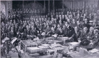 Um dos eventos mais importantes da história do Parlamento, em 3 de agosto de 1914, da revista Cassells History ofthe British People, publicado pela Waverley Book Company Limited, c.1940 de S. Begg