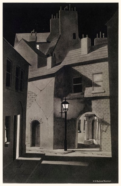 Um certo bloco sinistro de edifício" do "Strange Case of Dr Jekyll and Mr Hyde" de Robert Louis Stevenson (1850-1894) Ilustração de S.G. Hulme Beam (1887-1932) para uma edição de 1930. de S. G. Hulme Beamam