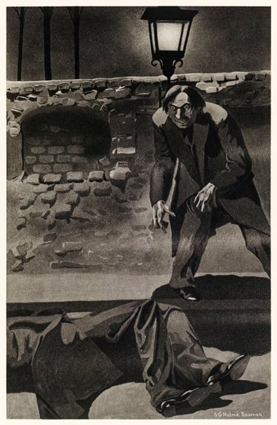 Fugiu da cena destes excessos ao mesmo tempo gloriosa e trêmula" do "Strange Case of Dr Jekyll and Mr Hyde" de Robert Louis Stevenson (1850-1894) Ilustração de S.G. Hulme Beam (1887-1932) para uma edição de 1930. de S. G. Hulme Beamam