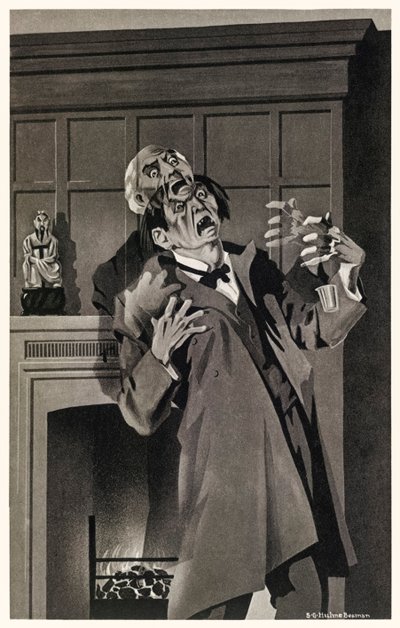 As características pareciam derreter e alterar" do "Strange Case of Dr Jekyll and Mr Hyde" de Robert Louis Stevenson (1850-1894) Ilustração de S.G. Hulme Beam (1887-1932) para uma edição de 1930. de S. G. Hulme Beamam