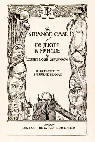 Página de título do "Strange Case of Dr Jekyll and Mr Hyde" de Robert Louis Stevenson (1850-1894) Ilustração de S.G. Hulme Beam (1887-1932) para uma edição de 1930. de S. G. Hulme Beamam