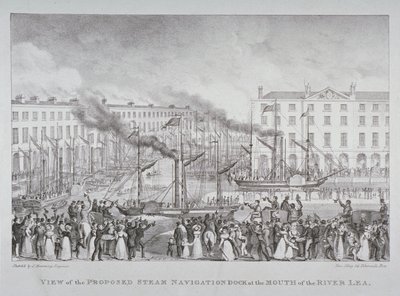 Vista da doca de navegação a vapor proposta na foz do rio Lea, c.1835 de S. Hemming
