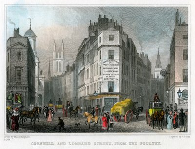 Cornhill e Lombard Street de aves domésticas, cidade de Londres, 1830. de S. Lacey