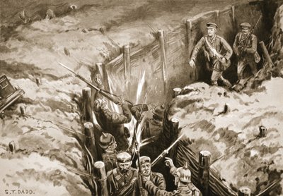 Segundo Tenente Turner liderando um atentado à bomba numa trincheira de comunicação alemã (litho) de S. T. Dadd