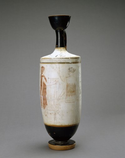 White Ground Lekythos com Young Woman at a Tomb, 450-440 a.C. (terracota com fundo branco) de Sabouroff Painter (attr. to)