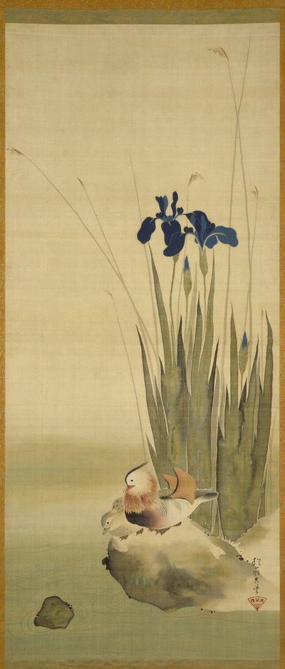 Íris e patos mandarim (tinta e cor em seda) de Sakai Hoitsu