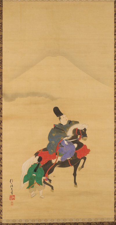 Narihira reitet unterhalb des Fuji de Sakai Hoitsu