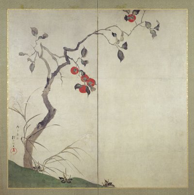 Caqui na Árvore (tinta, cores e ouro sobre papel) de Sakai Hoitsu