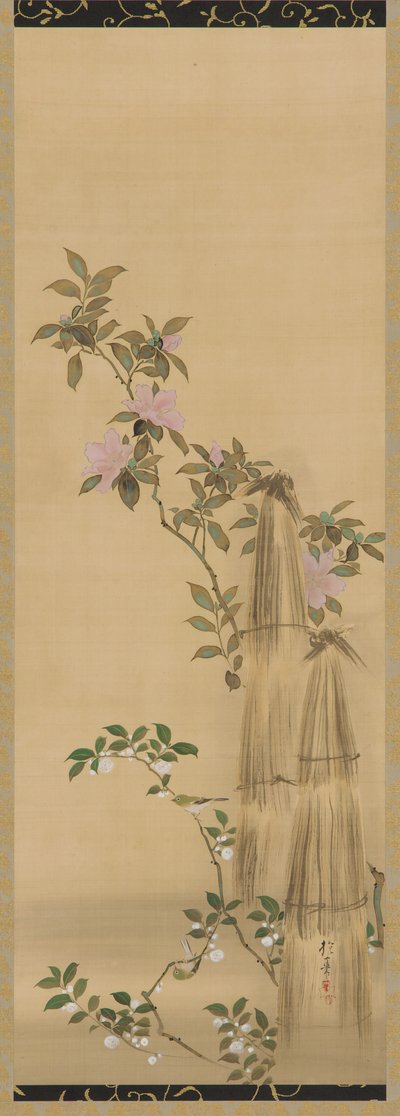 Flores rosas e brancas e coberturas de palha, período Edo, 1761-1828. de Sakai Hoitsu