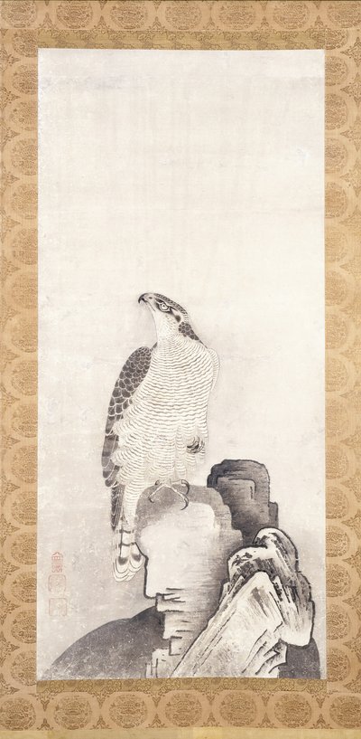 Falcão empoleirado numa rocha (tinta sobre papel) de Sakai Oho