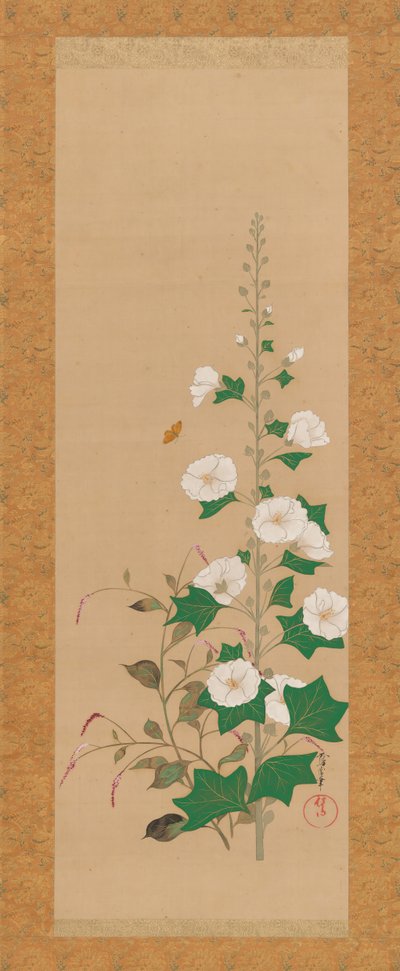 Hollyhocks e príncipes-Pena Flowers, início do século XIX. de Sakai Oho