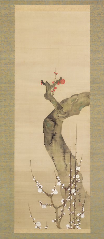 Flores de ameixa vermelha e branca (tinta, cor e ouro sobre seda) de Sakai Oho