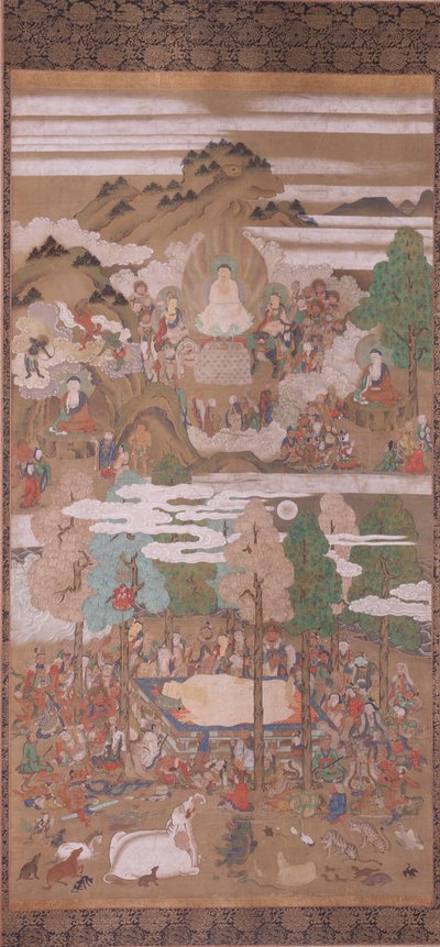 Morte do Buda Sakyamuni (tinta da China, cor e ouro sobre seda) de Sakon Sadatsuna