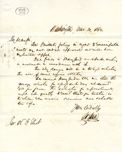 Carta assinada por S.P. Chase, Washington, a W.G. Eliot, 31 de março de 1862 de Salmon P. Chase