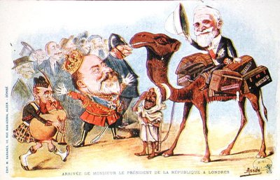 Caricatura da chegada do Presidente da República Francesa, Emile Loubet (1838-1929) a Londres em 1903 (cor litho) de Salomon Assus