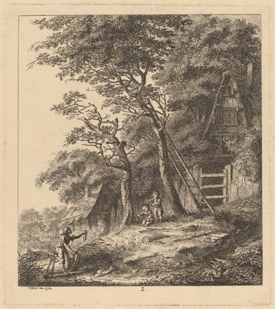 Um pescador e duas crianças em uma paisagem com cabanas de palha, 1764. de Salomon Gessner