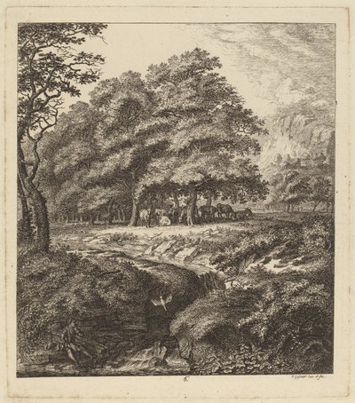 Gado descansando em um bosque com um homem sentado ao lado de um riacho, 1764. de Salomon Gessner