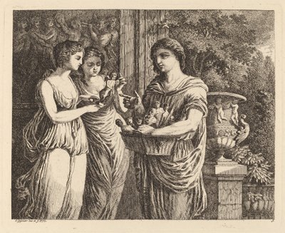 Vendedor de estatuetas com duas garotas de Salomon Gessner