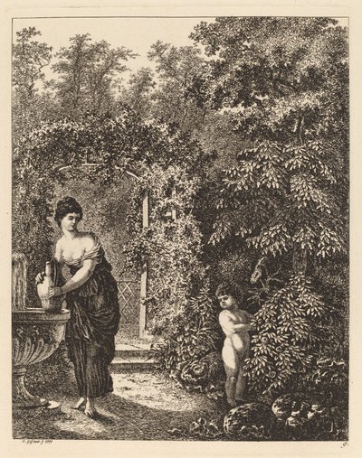 Putto visitando uma garota em uma fonte de Salomon Gessner