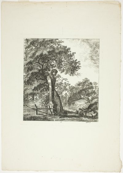 Ovelha junto a uma estátua de Pan, prato cinco de Paysages Dédiés à M. Warelet de Salomon Gessner