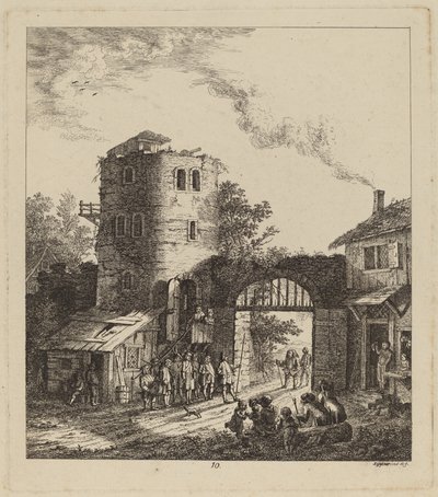 Aldeões em um portão da cidade cumprimentando um dignitário, 1764. de Salomon Gessner
