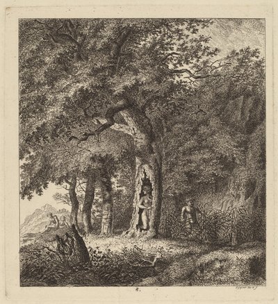 Paisagem arborizada com uma ninfa e um sátiro, 1764. de Salomon Gessner