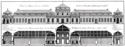 Elevação da fachada do jardim e secção longitudinal do castelo inferior de Salomon Kleiner