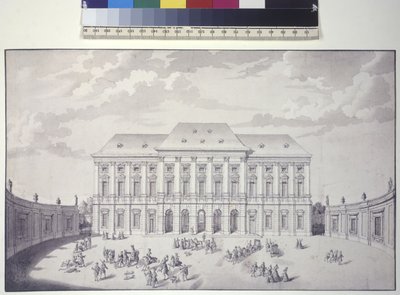 Página inteira: Palácio do jardim do Liechtenstein, Viena, vista frontal do palácio (caneta, pincel e tinta) de Salomon Kleiner
