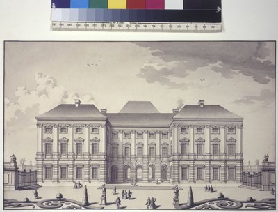 Página inteira: vista frontal da fachada ajardinada do Palácio do Liechtenstein em Rossau (desenho a caneta e tinta) de Salomon Kleiner