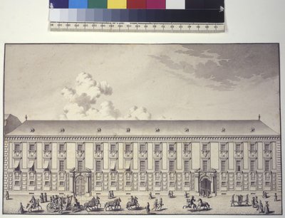 Página inteira: vista frontal do palácio em Nos (desenho a caneta e tinta) de Salomon Kleiner