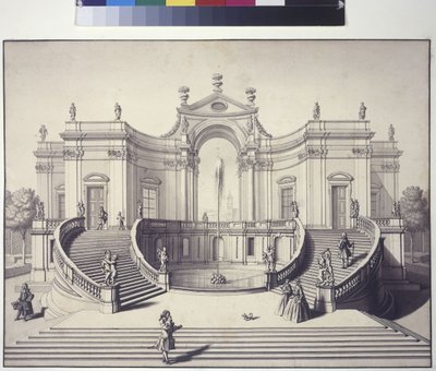 Página inteira: palácio nos jardins do Palácio Liechtenstein, Rossau, Viena (desenho a caneta e tinta) de Salomon Kleiner