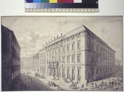 Página inteira: vista oblíqua do palácio municipal de Kaunitz-Liechtenstein em No (desenho a tinta e caneta) de Salomon Kleiner