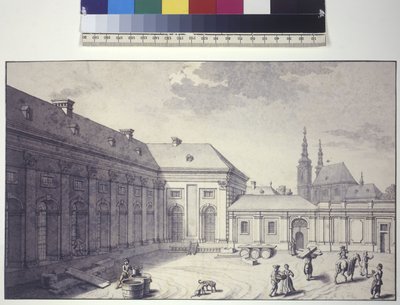 Página inteira: vista da frente do pátio interior do Laranjal (desenho a tinta e caneta) de Salomon Kleiner