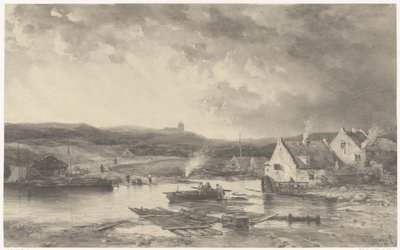 Paisagem fluvial com algumas casas e um moinho de água de Salomon Leonardus Verveer