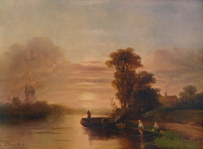 Pôr do sol em um rio, com moinho de vento e chalé, 1848, 1938 de Salomon Leonardus Verveer